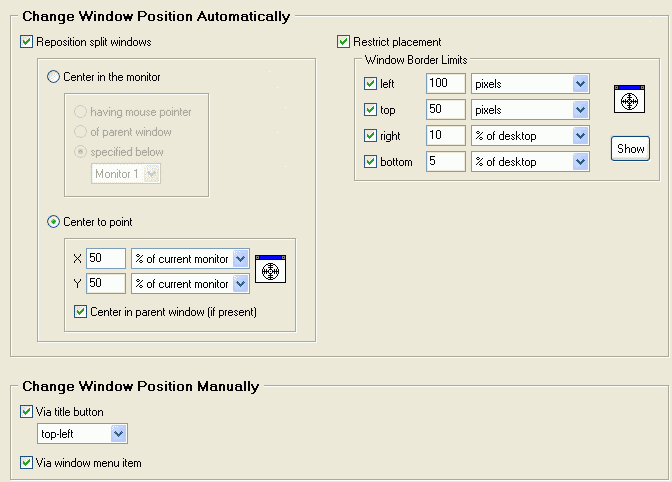 Position options available for the All Windows rule